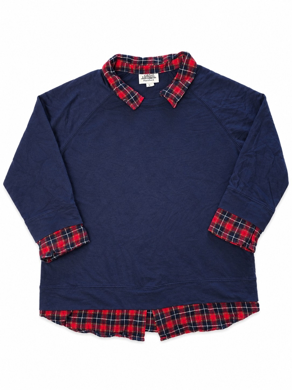 Navy Crewneck with Faux Undershirt Red Plaid Flanel, Y2K, Size Medium
